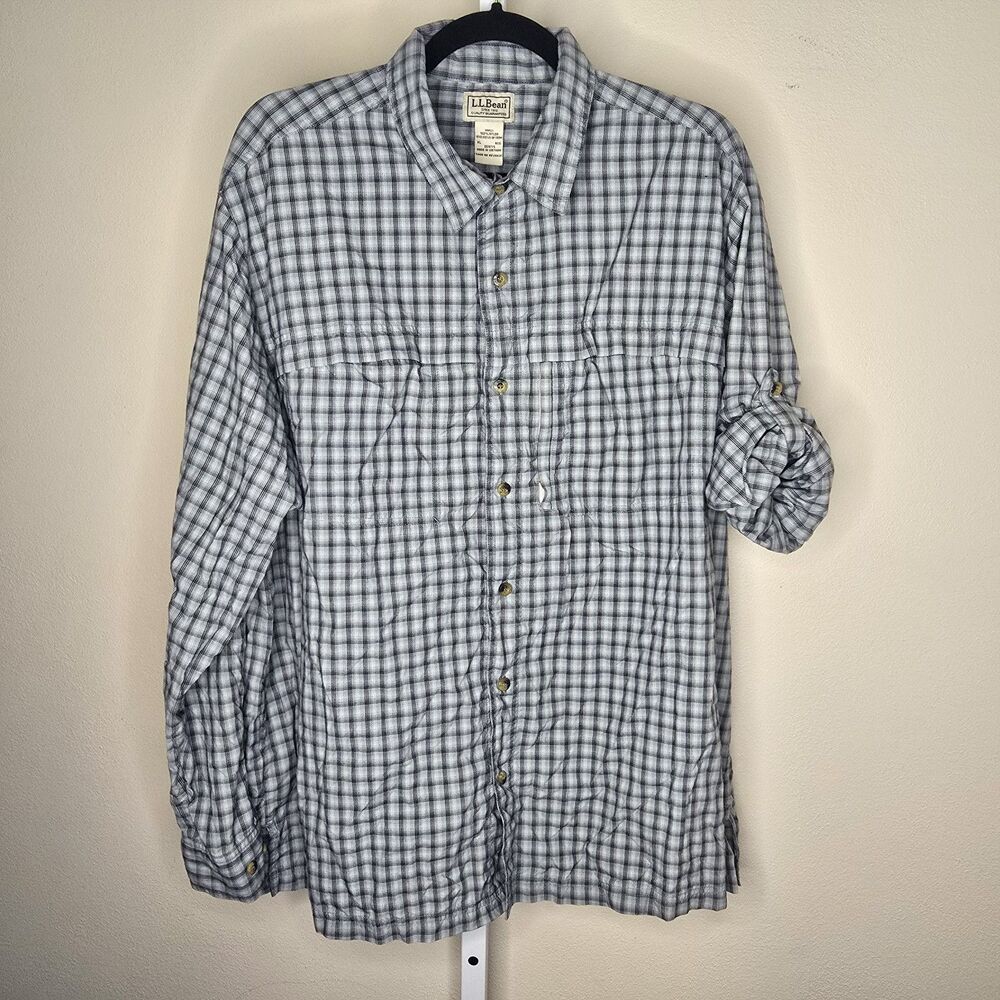 L.L. Bean Men's XL Reg Blue Gray Check Button Up Roll Tab Sleeve Hiking Outdoor
